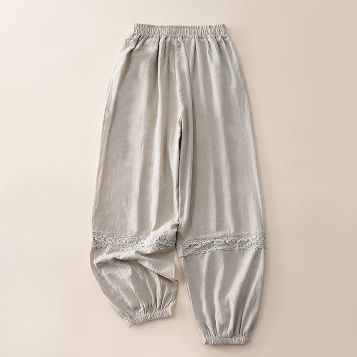 Buddha Stones Sommerliche Retro-Caprihose mit Spitzen-Patchwork-Design, hohem Bund und Taschen - image 1