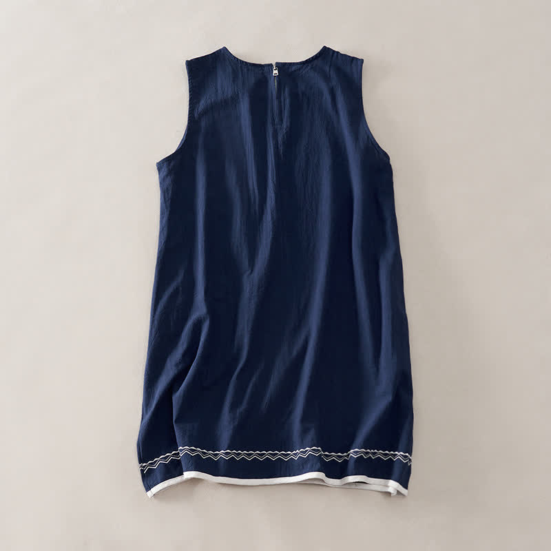 Buddha Stones Sommerliches, ärmelloses, einfarbiges Minikleid mit Stickerei am Saum, Reißverschluss hinten und Taschen - image 1