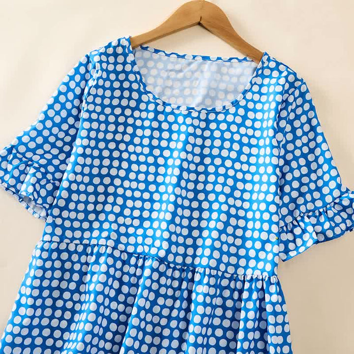 Buddha Stones Elegantes Sommerkleid in A-Linie mit Polka-Dots, Rüschensaum, kurzen Ärmeln und knielang - image 2