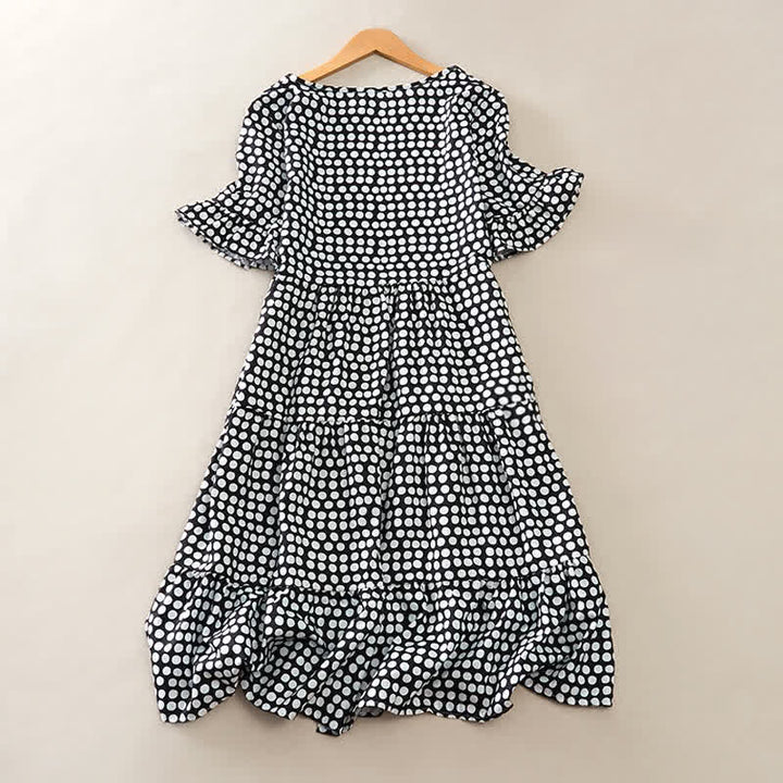 Buddha Stones Elegantes Sommerkleid in A-Linie mit Polka-Dots, Rüschensaum, kurzen Ärmeln und knielang - image 7