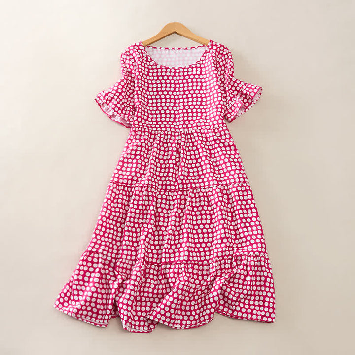 Buddha Stones Elegantes Sommerkleid in A-Linie mit Polka-Dots, Rüschensaum, kurzen Ärmeln und knielang - Knallpink - US16, UK/AU20, EU48 (3XL) - image 12