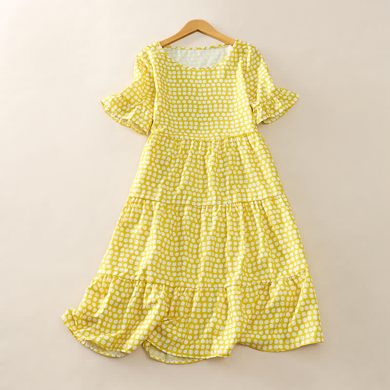 Buddha Stones Elegantes Sommerkleid in A-Linie mit Polka-Dots, Rüschensaum, kurzen Ärmeln und knielang - Gold - US16, UK/AU20, EU48 (3XL) - image 18