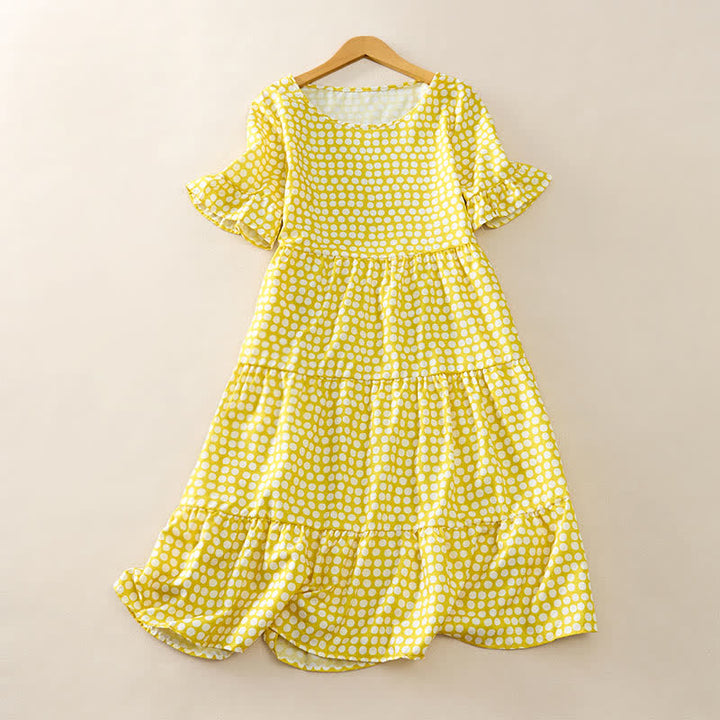 Buddha Stones Elegantes Sommerkleid in A-Linie mit Polka-Dots, Rüschensaum, kurzen Ärmeln und knielang - Gold - US16, UK/AU20, EU48 (3XL) - image 18