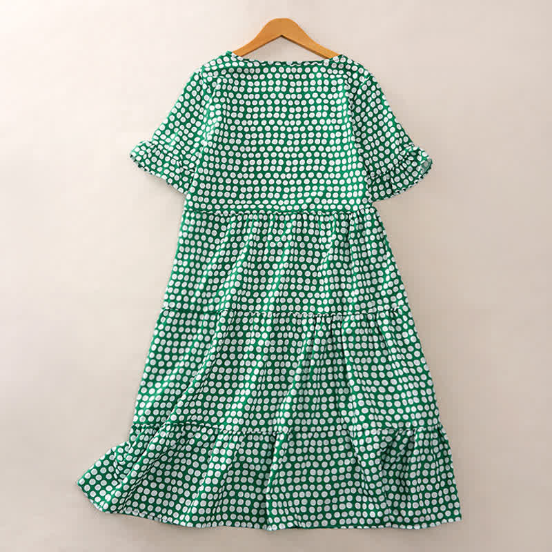 Buddha Stones Elegantes Sommerkleid in A-Linie mit Polka-Dots, Rüschensaum, kurzen Ärmeln und knielang - image 24
