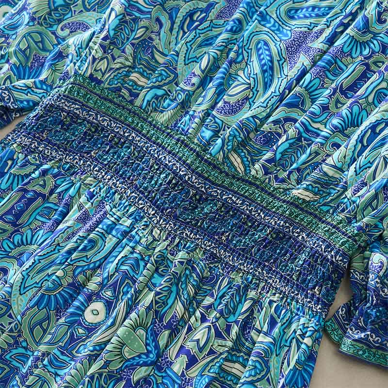 Buddha Stones Sommerliches Maxikleid mit Pfauen-Paisley-Muster, Bindegürtel und Laternenärmeln aus Viskose - image 5