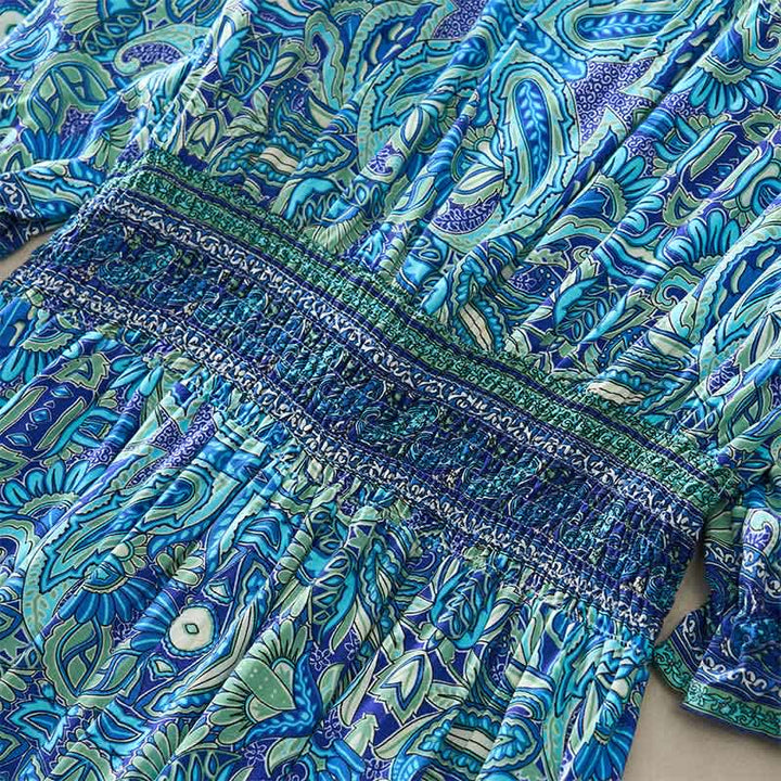 Buddha Stones Sommerliches Maxikleid mit Pfauen-Paisley-Muster, Bindegürtel und Laternenärmeln aus Viskose - image 5