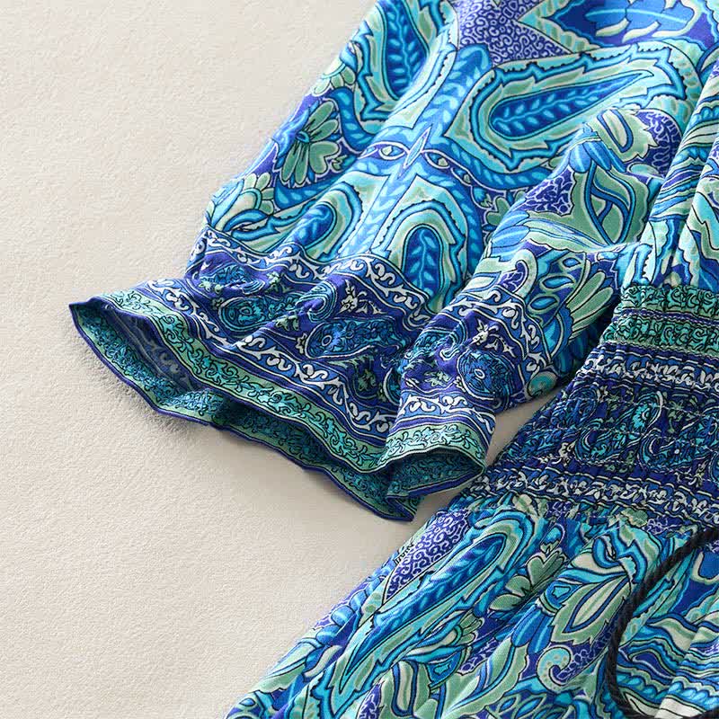 Buddha Stones Sommerliches Maxikleid mit Pfauen-Paisley-Muster, Bindegürtel und Laternenärmeln aus Viskose - image 4