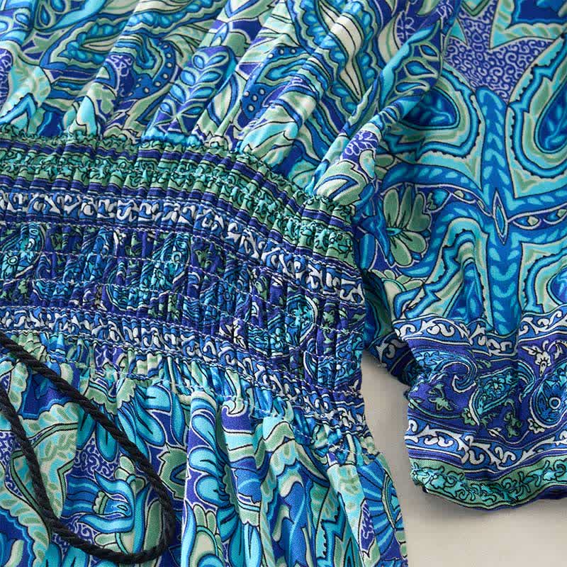 Buddha Stones Sommerliches Maxikleid mit Pfauen-Paisley-Muster, Bindegürtel und Laternenärmeln aus Viskose - image 6