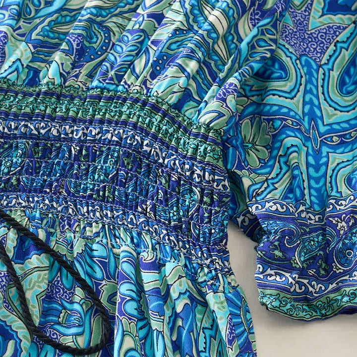 Buddha Stones Sommerliches Maxikleid mit Pfauen-Paisley-Muster, Bindegürtel und Laternenärmeln aus Viskose - image 6