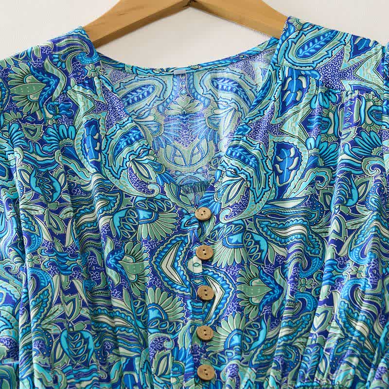 Buddha Stones Sommerliches Maxikleid mit Pfauen-Paisley-Muster, Bindegürtel und Laternenärmeln aus Viskose - image 2