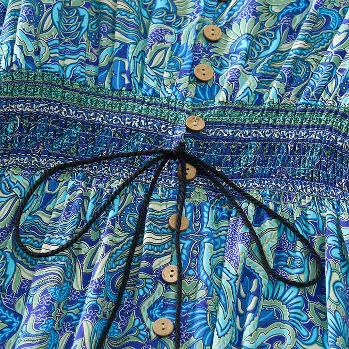Buddha Stones Sommerliches Maxikleid mit Pfauen-Paisley-Muster, Bindegürtel und Laternenärmeln aus Viskose - image 3