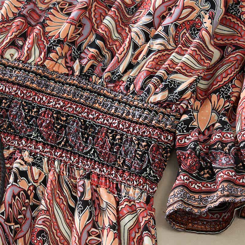 Buddha Stones Sommerliches Maxikleid mit Pfauen-Paisley-Muster, Bindegürtel und Laternenärmeln aus Viskose - image 13