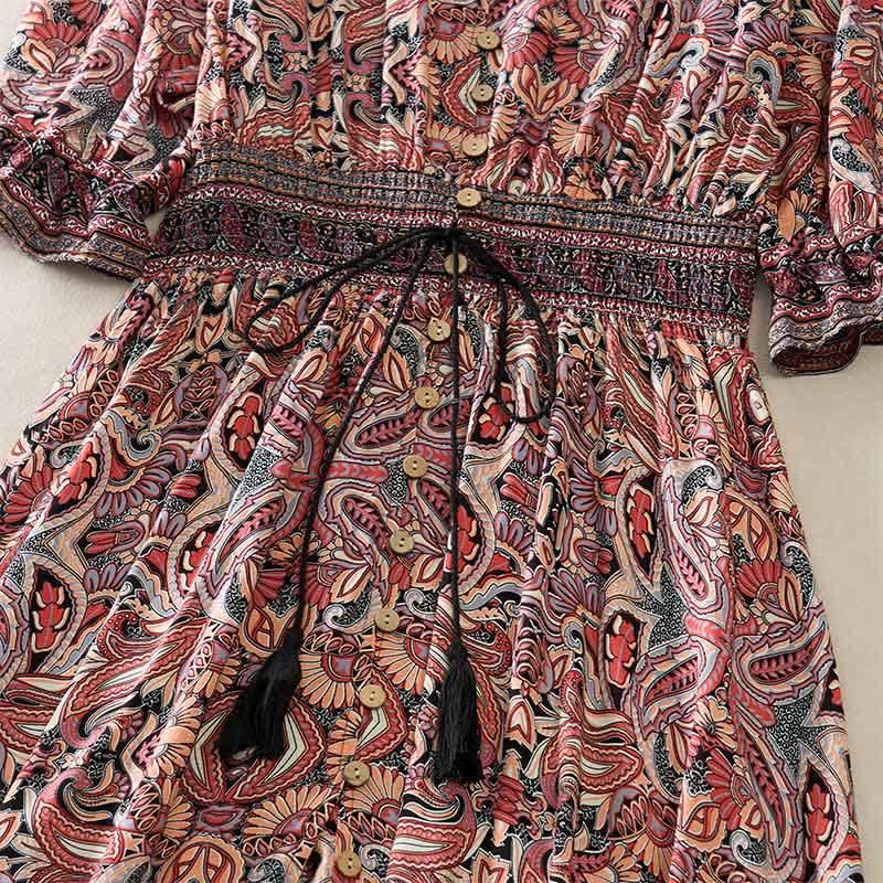 Buddha Stones Sommerliches Maxikleid mit Pfauen-Paisley-Muster, Bindegürtel und Laternenärmeln aus Viskose - image 12