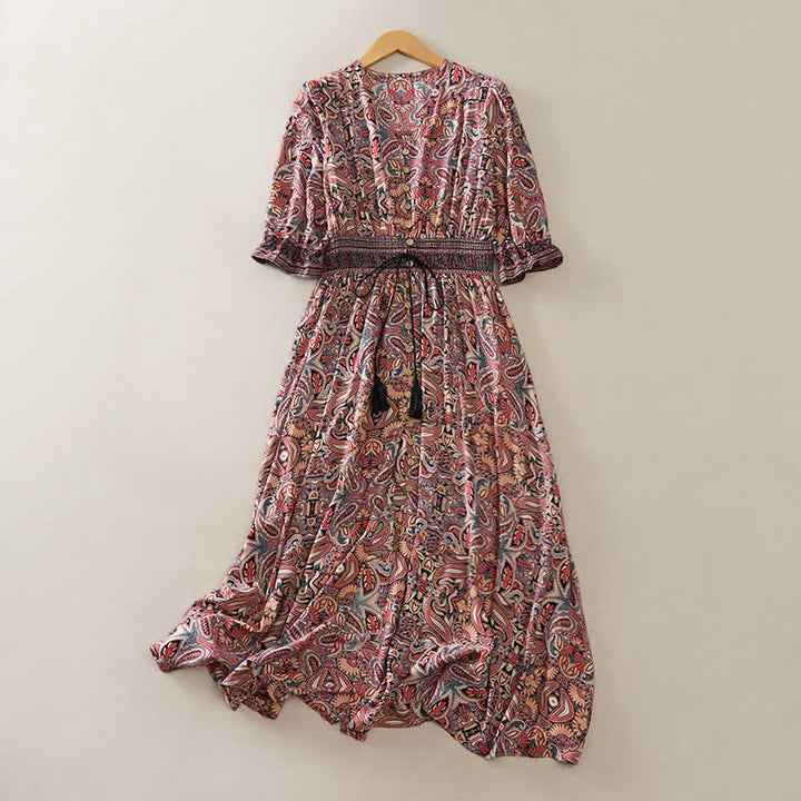 Buddha Stones Sommerliches Maxikleid mit Pfauen-Paisley-Muster, Bindegürtel und Laternenärmeln aus Viskose - Sienna - US12, UK/AU16, EU44 (XL) - image 8