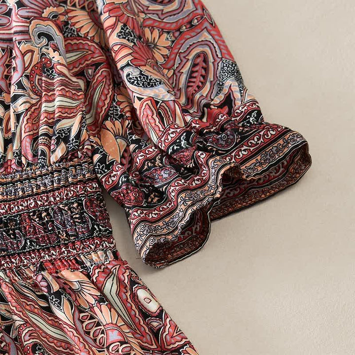Buddha Stones Sommerliches Maxikleid mit Pfauen-Paisley-Muster, Bindegürtel und Laternenärmeln aus Viskose - image 15