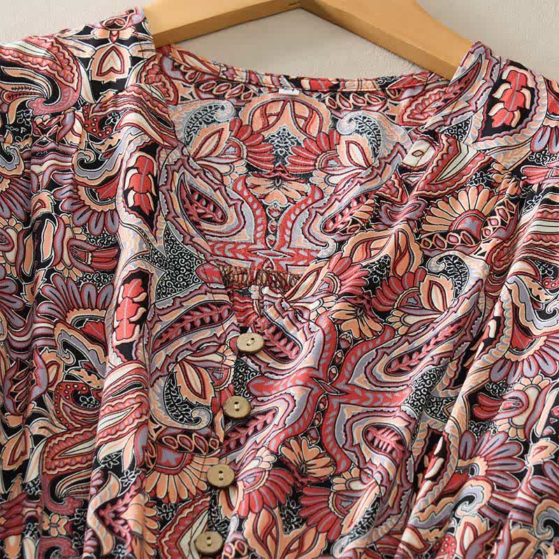 Buddha Stones Sommerliches Maxikleid mit Pfauen-Paisley-Muster, Bindegürtel und Laternenärmeln aus Viskose - image 10