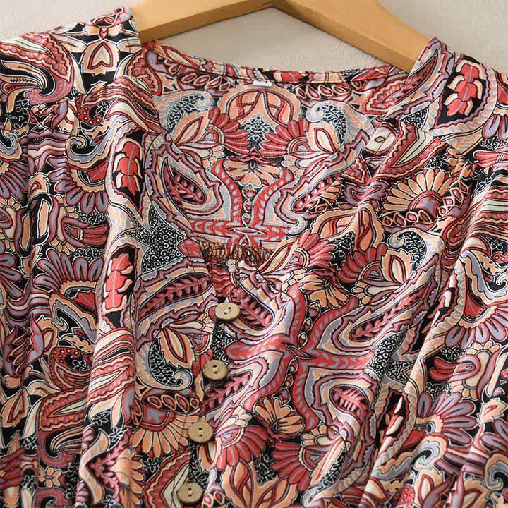 Buddha Stones Sommerliches Maxikleid mit Pfauen-Paisley-Muster, Bindegürtel und Laternenärmeln aus Viskose - image 10