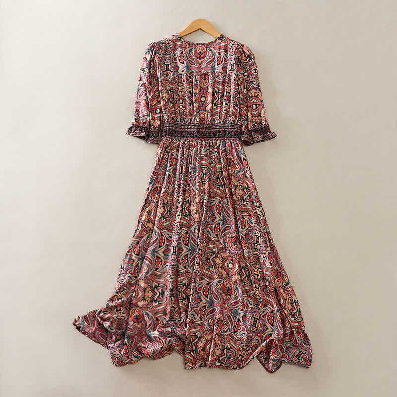 Buddha Stones Sommerliches Maxikleid mit Pfauen-Paisley-Muster, Bindegürtel und Laternenärmeln aus Viskose - image 9