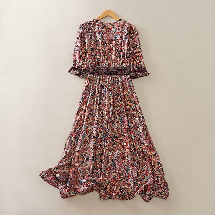 Buddha Stones Sommerliches Maxikleid mit Pfauen-Paisley-Muster, Bindegürtel und Laternenärmeln aus Viskose - image 9