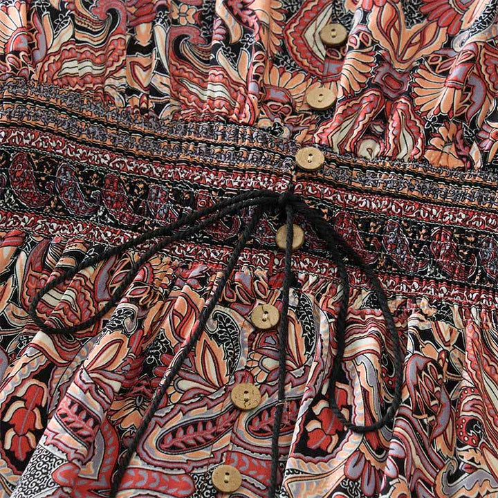 Buddha Stones Sommerliches Maxikleid mit Pfauen-Paisley-Muster, Bindegürtel und Laternenärmeln aus Viskose - image 11