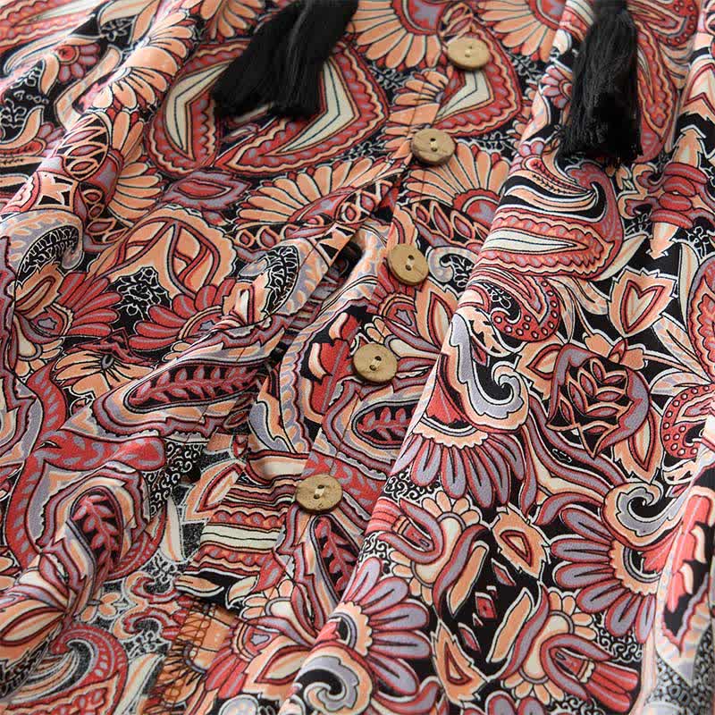 Buddha Stones Sommerliches Maxikleid mit Pfauen-Paisley-Muster, Bindegürtel und Laternenärmeln aus Viskose - image 14