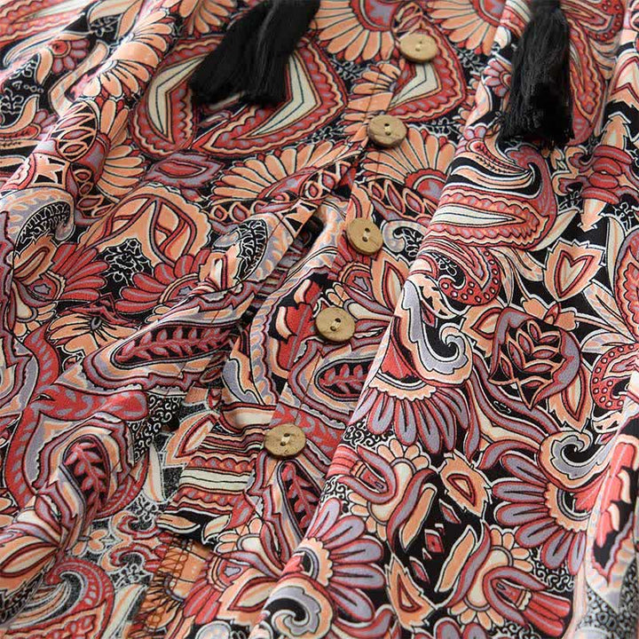 Buddha Stones Sommerliches Maxikleid mit Pfauen-Paisley-Muster, Bindegürtel und Laternenärmeln aus Viskose - image 14
