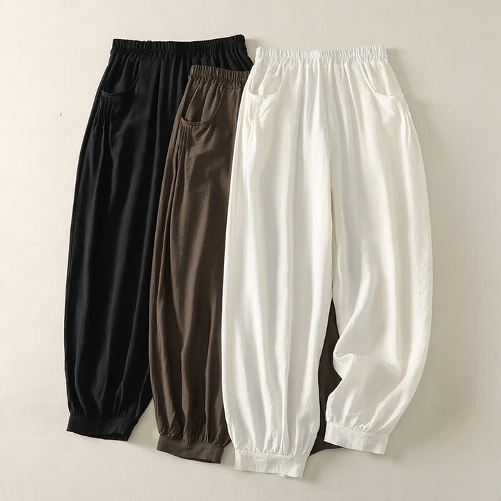 Buddha Stones Sommerliche, einfarbige Capri-Haremshose mit elastischem Bund für Damen - image 16
