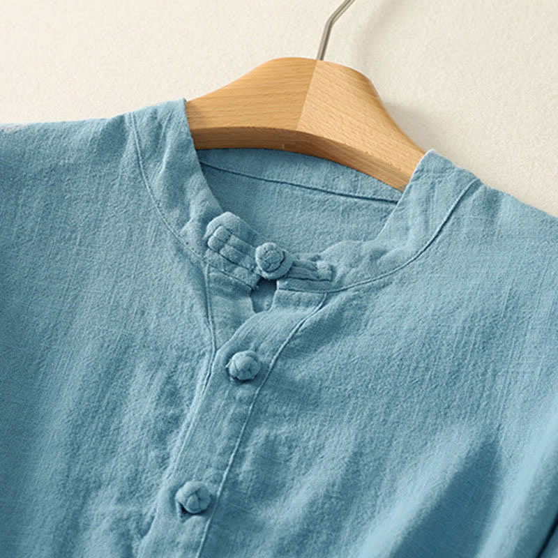 Buddha Stones Sommerliches Kurzarmhemd aus Baumwolle für Damen mit Stehkragen und Knöpfen - image 1