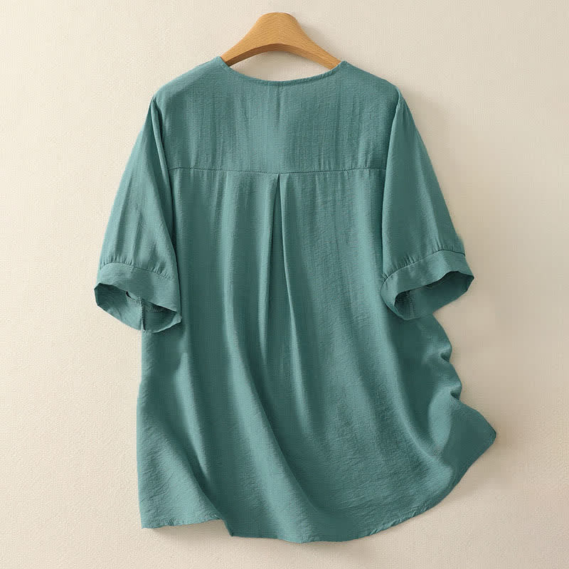 Buddha Stones Sommerliches Bergmotiv, besticktes Kurzarm-Damenshirt mit Rundhalsausschnitt, Rundhalsausschnitt und kurzen Ärmeln - image 1