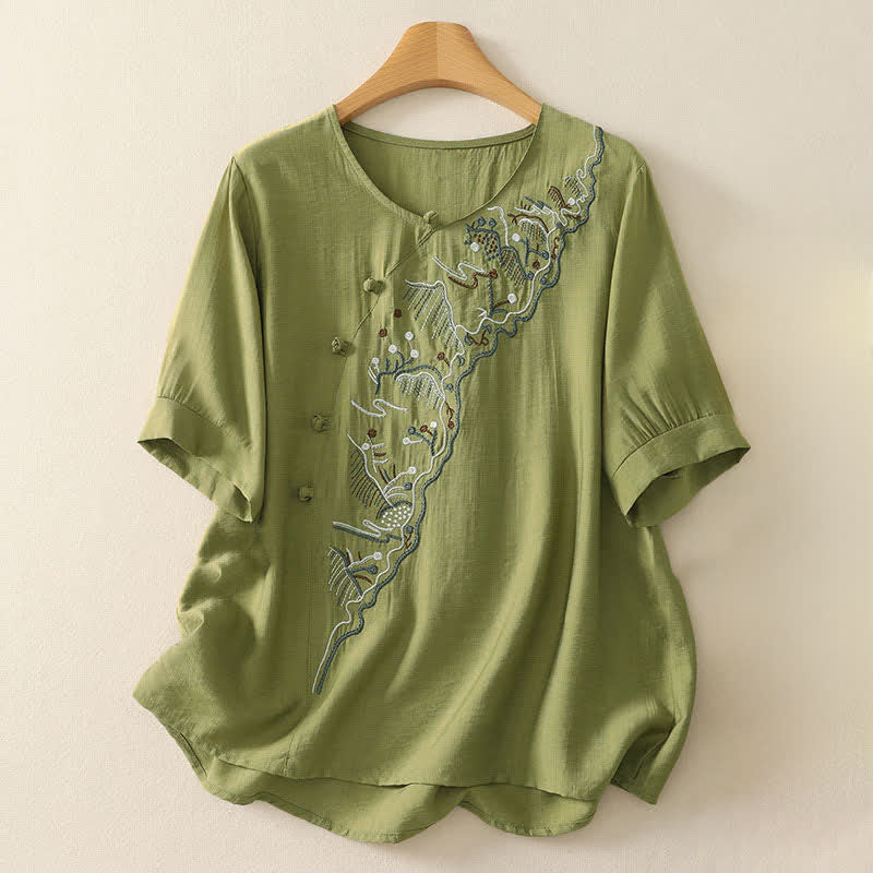 Buddha Stones Sommerliches Bergmotiv, besticktes Kurzarm-Damenshirt mit Rundhalsausschnitt, Rundhalsausschnitt und kurzen Ärmeln - Gelbgrün - US12, UK/AU16, EU44 (3XL) - image 10