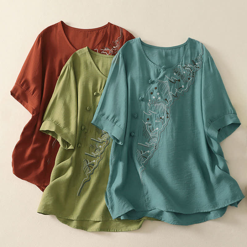 Buddha Stones Sommerliches Bergmotiv, besticktes Kurzarm-Damenshirt mit Rundhalsausschnitt, Rundhalsausschnitt und kurzen Ärmeln - image 20