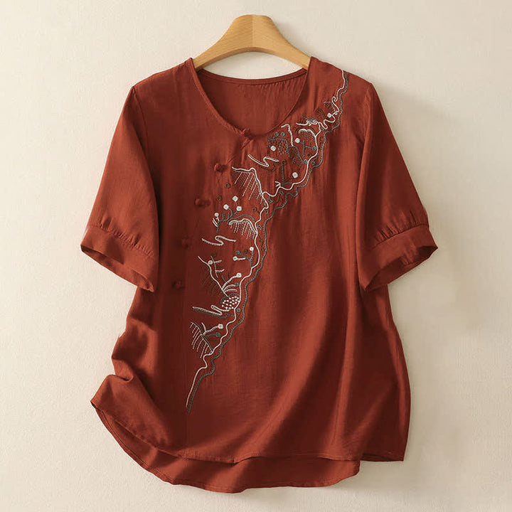 Buddha Stones Sommerliches Bergmotiv, besticktes Kurzarm-Damenshirt mit Rundhalsausschnitt, Rundhalsausschnitt und kurzen Ärmeln - Feuerfestziegel - US12, UK/AU16, EU44 (3XL) - image 15
