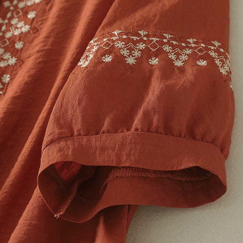 Buddha Stones Frühlingshaftes, besticktes Baumwoll-Kurzarmhemd für Damen mit halben Knöpfen und halben Knöpfen - image 3