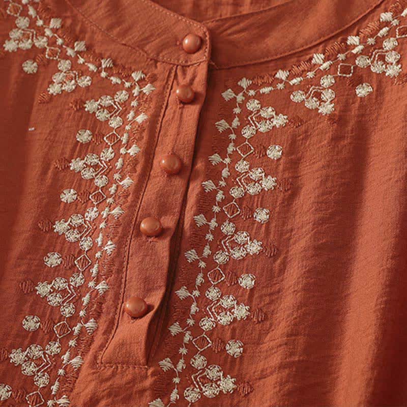 Buddha Stones Frühlingshaftes, besticktes Baumwoll-Kurzarmhemd für Damen mit halben Knöpfen und halben Knöpfen - image 2