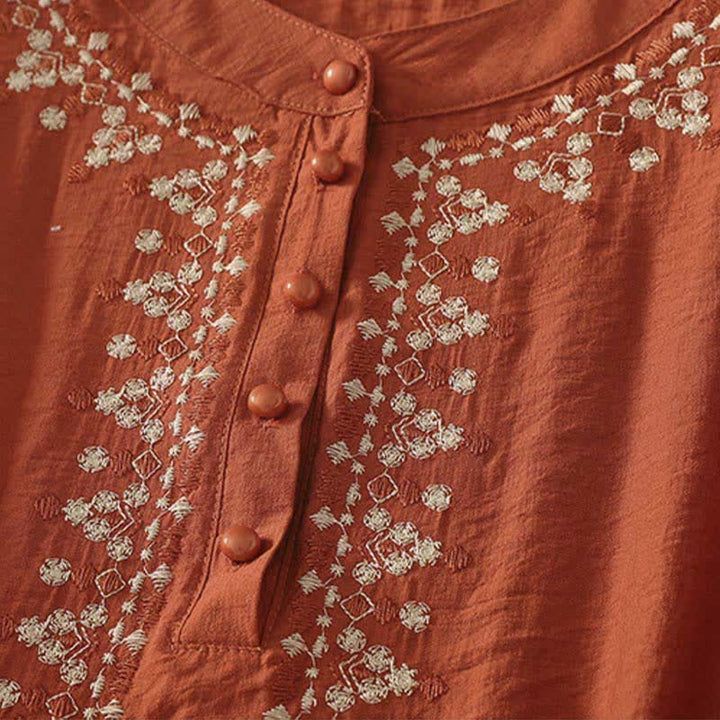 Buddha Stones Frühlingshaftes, besticktes Baumwoll-Kurzarmhemd für Damen mit halben Knöpfen und halben Knöpfen - image 2