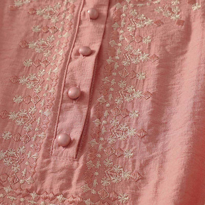 Buddha Stones Frühlingshaftes, besticktes Baumwoll-Kurzarmhemd für Damen mit halben Knöpfen und halben Knöpfen - image 9