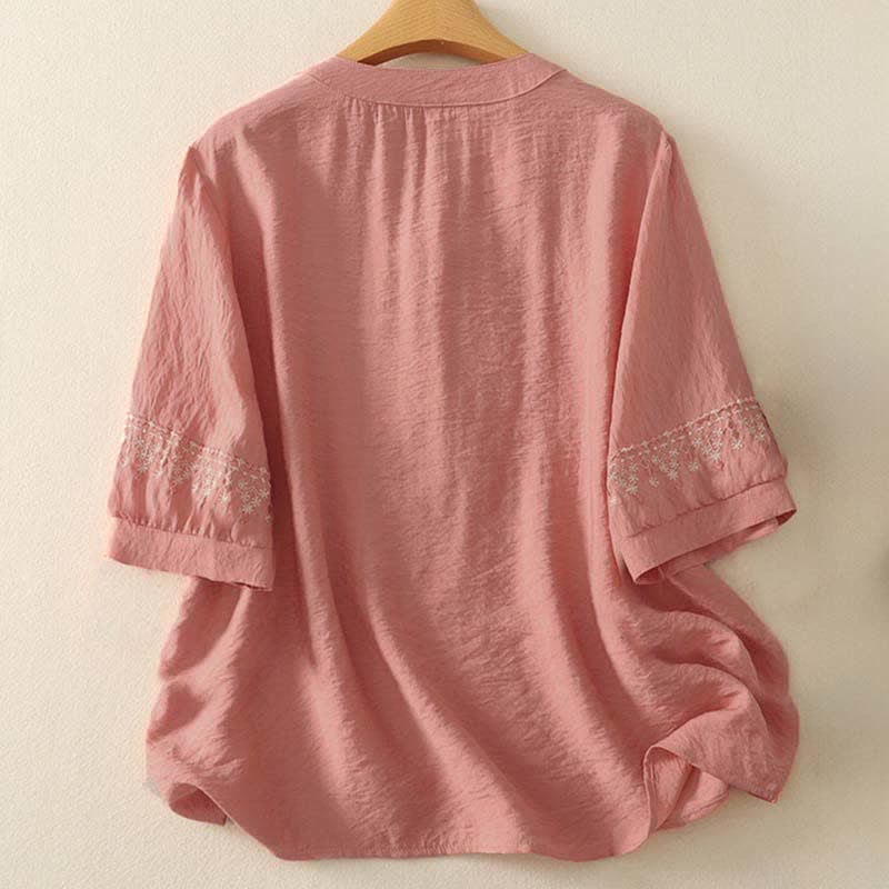 Buddha Stones Frühlingshaftes, besticktes Baumwoll-Kurzarmhemd für Damen mit halben Knöpfen und halben Knöpfen - image 6