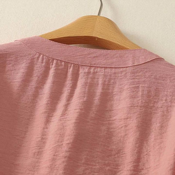 Buddha Stones Frühlingshaftes, besticktes Baumwoll-Kurzarmhemd für Damen mit halben Knöpfen und halben Knöpfen - image 8