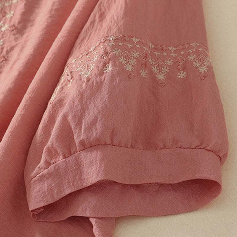 Buddha Stones Frühlingshaftes, besticktes Baumwoll-Kurzarmhemd für Damen mit halben Knöpfen und halben Knöpfen - image 11