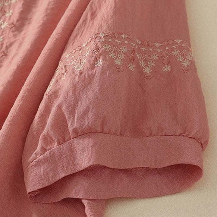 Buddha Stones Frühlingshaftes, besticktes Baumwoll-Kurzarmhemd für Damen mit halben Knöpfen und halben Knöpfen - image 11