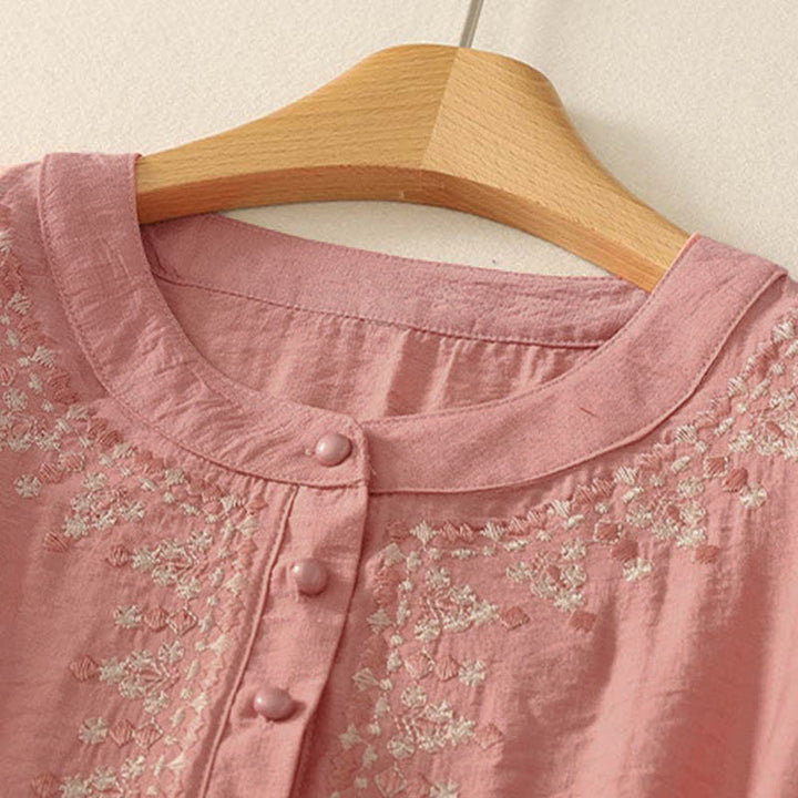 Buddha Stones Frühlingshaftes, besticktes Baumwoll-Kurzarmhemd für Damen mit halben Knöpfen und halben Knöpfen - image 7