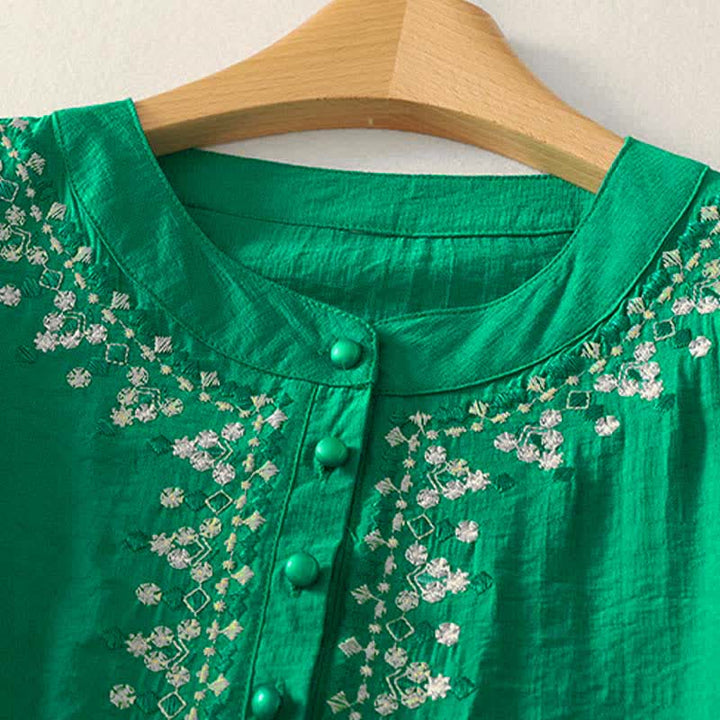 Buddha Stones Frühlingshaftes, besticktes Baumwoll-Kurzarmhemd für Damen mit halben Knöpfen und halben Knöpfen - image 16