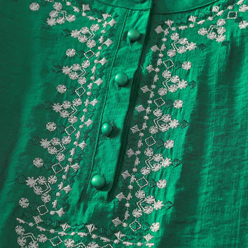 Buddha Stones Frühlingshaftes, besticktes Baumwoll-Kurzarmhemd für Damen mit halben Knöpfen und halben Knöpfen - image 17