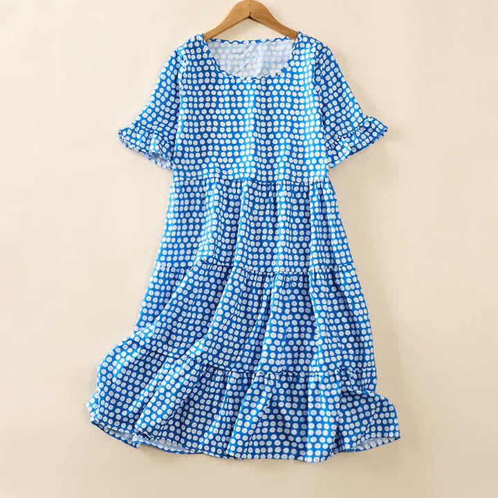 Buddha Stones Elegantes Sommerkleid in A-Linie mit Polka-Dots, Rüschensaum, kurzen Ärmeln und knielang - Kornblumenblau - US16, UK/AU20, EU48 (3XL) - image 0