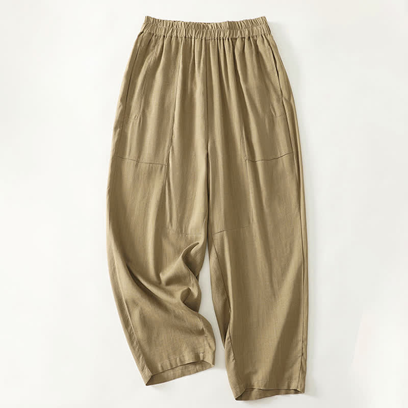 Buddha Stones Frühlingshafte, einfarbige Baumwollhose mit elastischem Bund, geradem Bein und Taschen für Damen - image 1