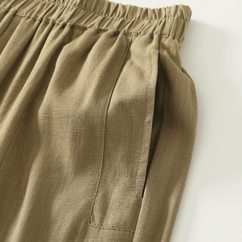 Buddha Stones Frühlingshafte, einfarbige Baumwollhose mit elastischem Bund, geradem Bein und Taschen für Damen - image 3