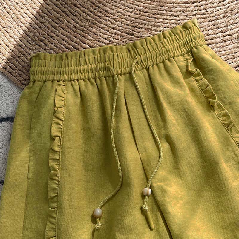 Buddha Stones Sommerliche Damen-Shorts mit Kordelzug, Rüschen, elastischem Bund und Taschen - image 1