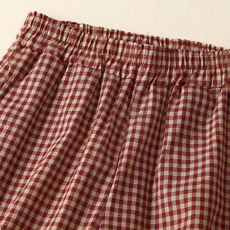 Buddha Stones Sommerliche karierte, knöchellange Damenhose mit elastischem Bund und Taschen - image 1