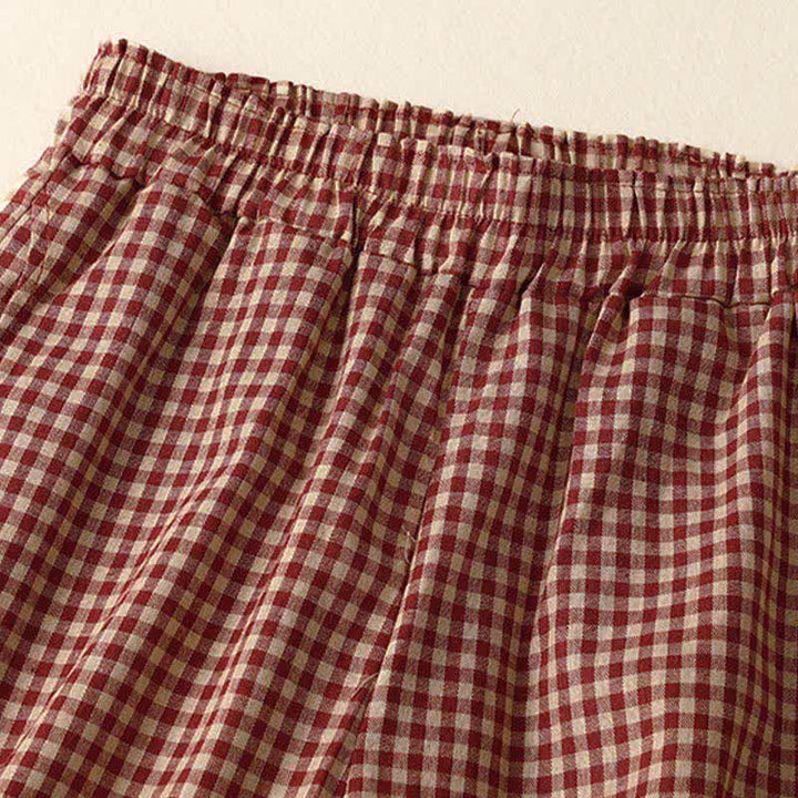 Buddha Stones Sommerliche karierte, knöchellange Damenhose mit elastischem Bund und Taschen - image 1