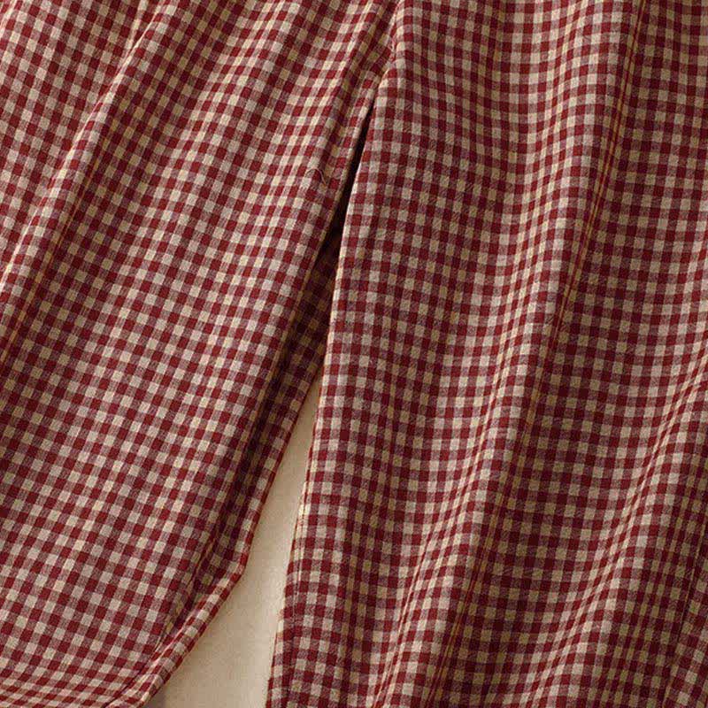 Buddha Stones Sommerliche karierte, knöchellange Damenhose mit elastischem Bund und Taschen - image 3